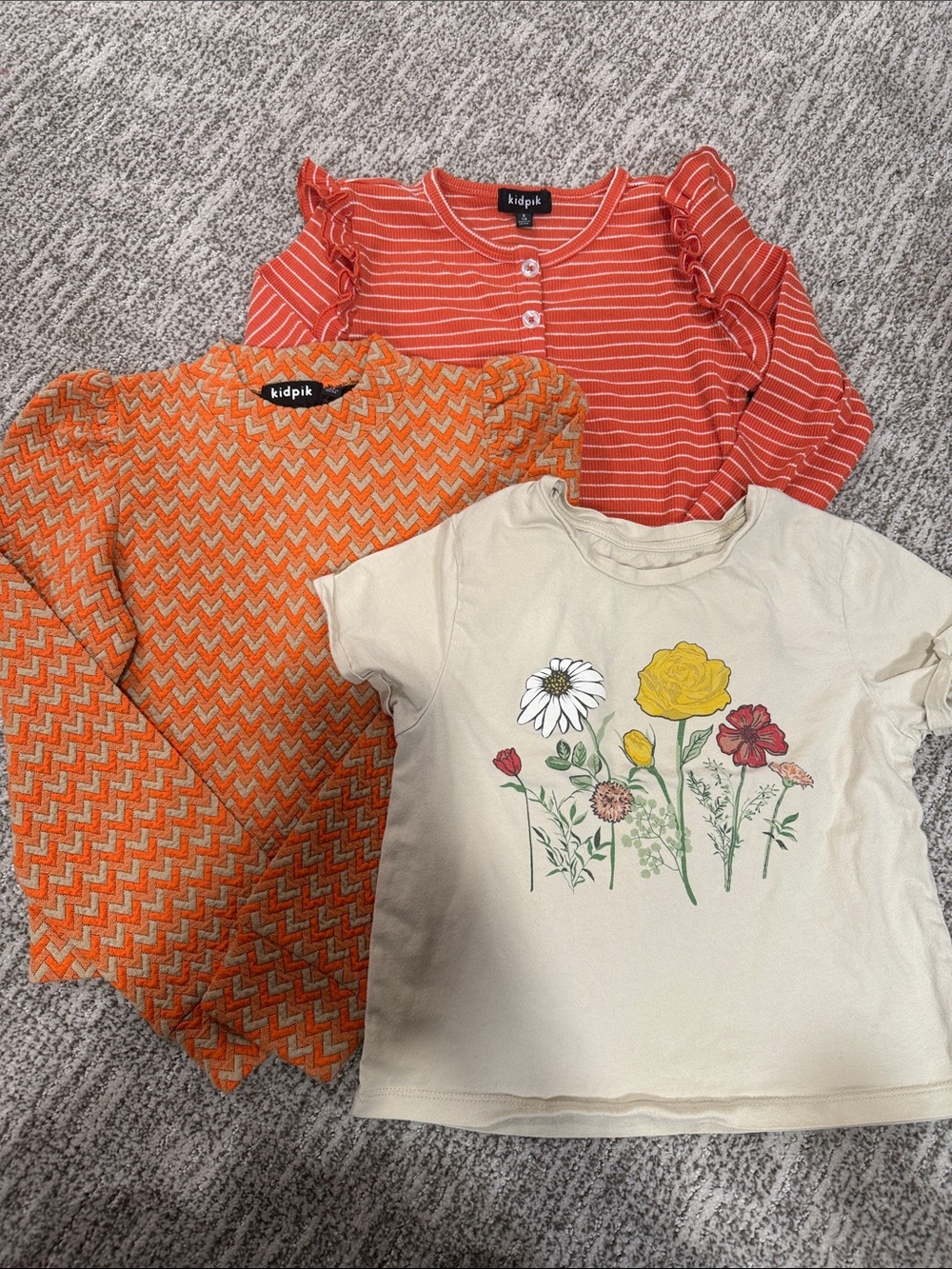 kidpik Orange Striped Ruffle-Sleeve Top & Floral Tee Set - Orange, Cream